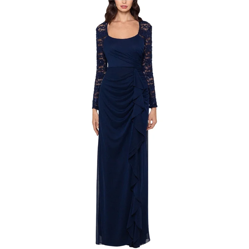 satin midi dressXscape Womens Lace-Sleeve Side-Ruching Gown Dress