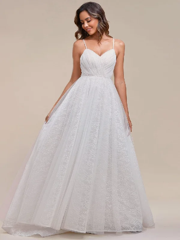 cocktail dressSpaghetti Strap Waist Pearl Sweetheart Collar Tulle Wedding Dress with Lace