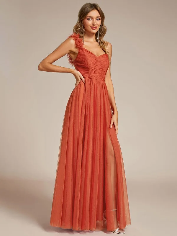 luxury dressSweetheart Neckline One Shoulder with Floral Tulle High Slit Bridesmaid Dress