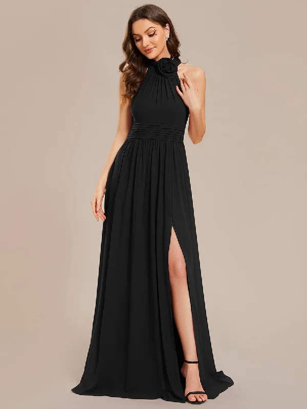 one-shoulder dressChiffon Halter Straps Sleeveless Pleated A-Line High Slit Maxi Bridesmaid Dress