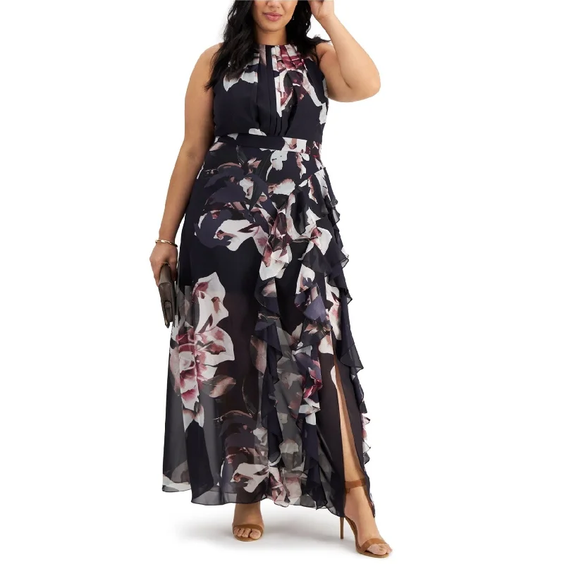 denim dressBetsy & Adam Womens Ruffled Chiffon Print Maxi Dress