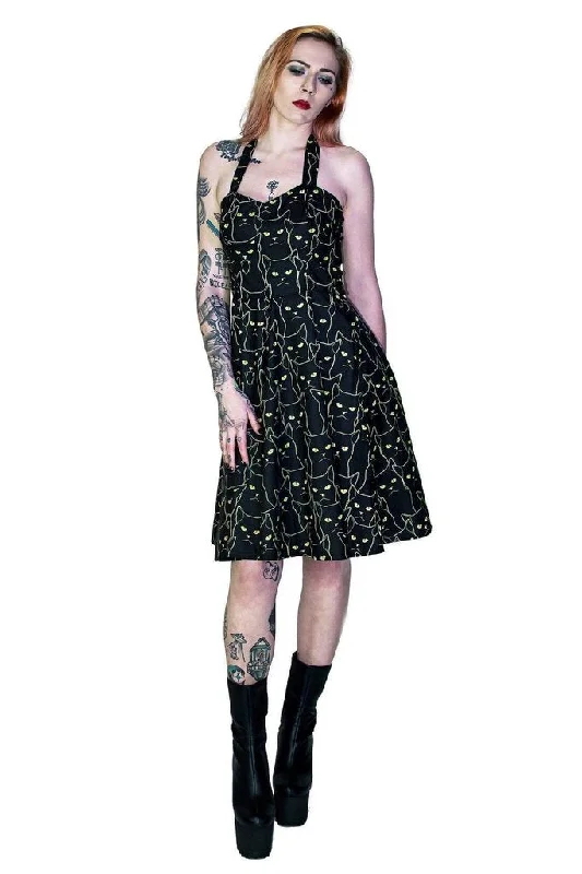 sleek midi dressYellow Evil Cats Black Midi Dress - Katz