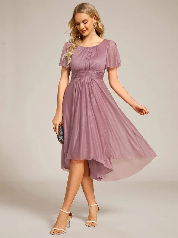 cocktail dressGlitter Short Sleeves Round Neck Midi Formal Dress