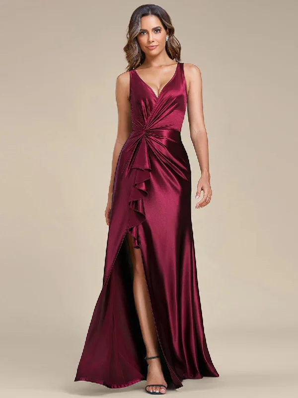 luxury dressDeep V-Neck Stylish Waist Pleated High Slit Satin Evening Dress