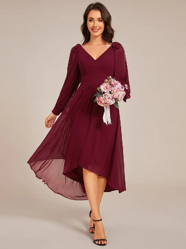 casual midi dressAudrey | Long Sleeve V-Neck Midi Asymmetrical Hem Chiffon Bridesmaid Dress