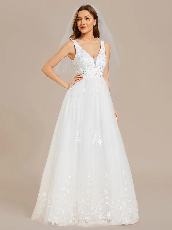 chic slip dressSleeveless V-Neck A Line Embroidered Tulle Wedding Dress with Applique