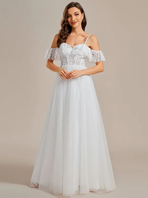 lace-up dressRomantic See-Through Lace Bodice Spaghetti Strap Short Sleeve Tulle Wedding Dress