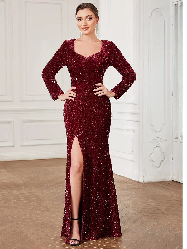 fitted cocktail dressSequin Long Sleeve Sweetheart Bodycon Front Slit Evening Dress