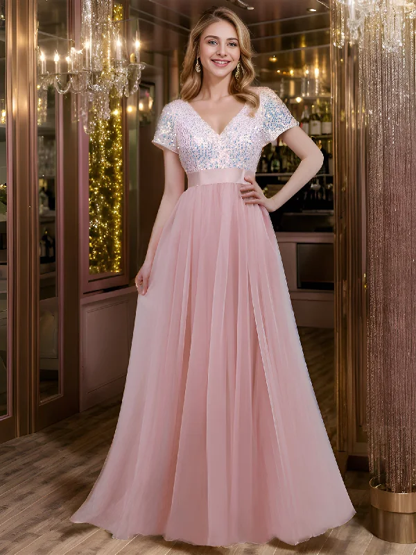 evening dressCustom Size Sequin V-neck A-line Ribbon Waist Tulle Prom Dress