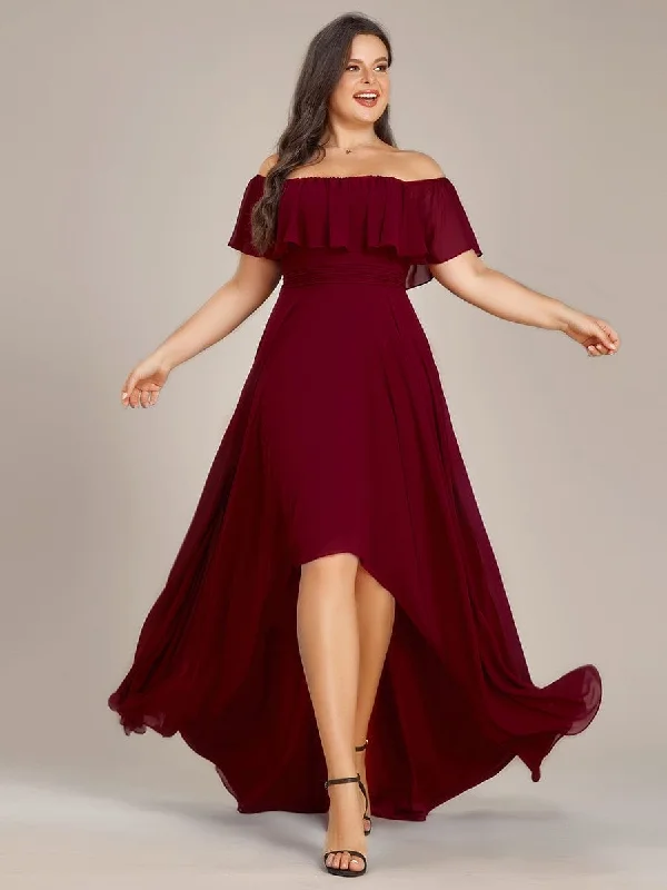 elegant evening dressPlus Size Flowy Chiffon High-Low Off The Shoulder Bridesmaid Dress