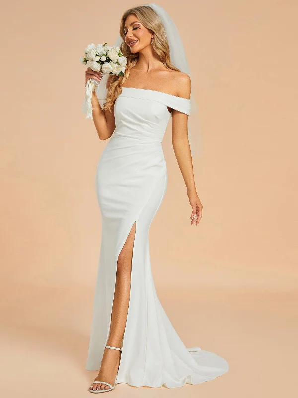 chic dressOff Shoulder Pleated Mermaid Wedding Dress featuring High Slit