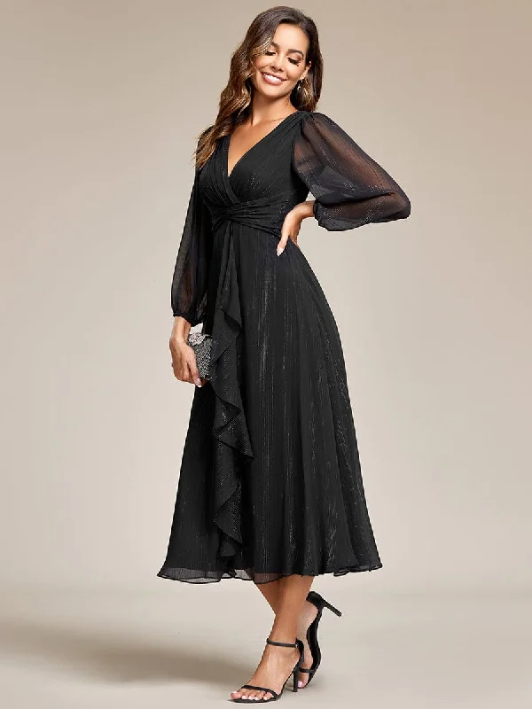 lace-up dressSee-Through Long Sleeve Twist Knot A-Line Lotus Leaf Shimmering Evening Dress