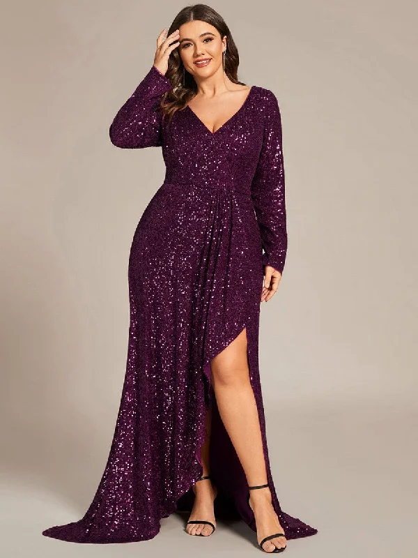 wool dressCustom Size Sequin Long Sleeve V-Neck High Slit Bodycon Evening Dress