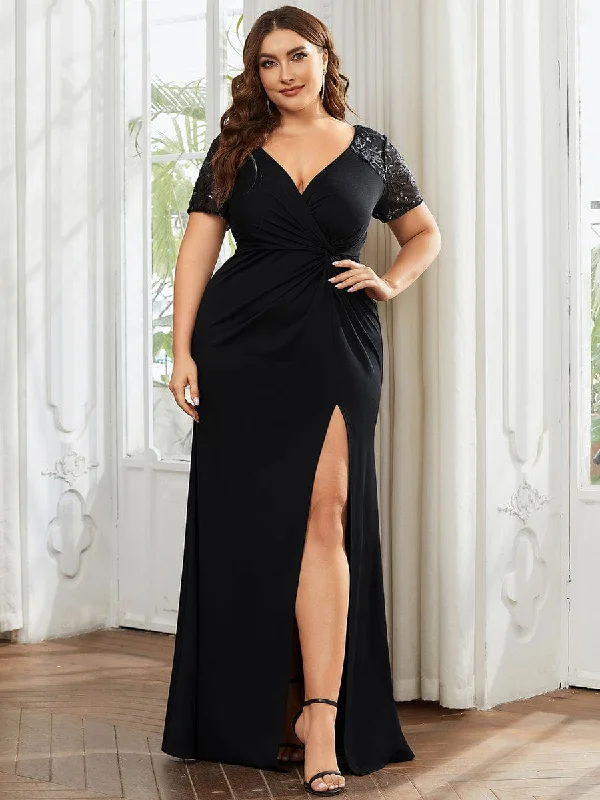 vintage-inspired dressPlus Size Front Slit Short Sleeve With Sequin Mother of the Bride Dresses