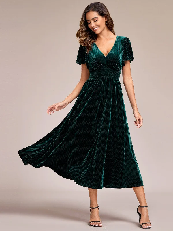 romantic dressGraceful V-Neck Waist Design Short Sleeves Fall Velvet Midi Wedding Guest Dress