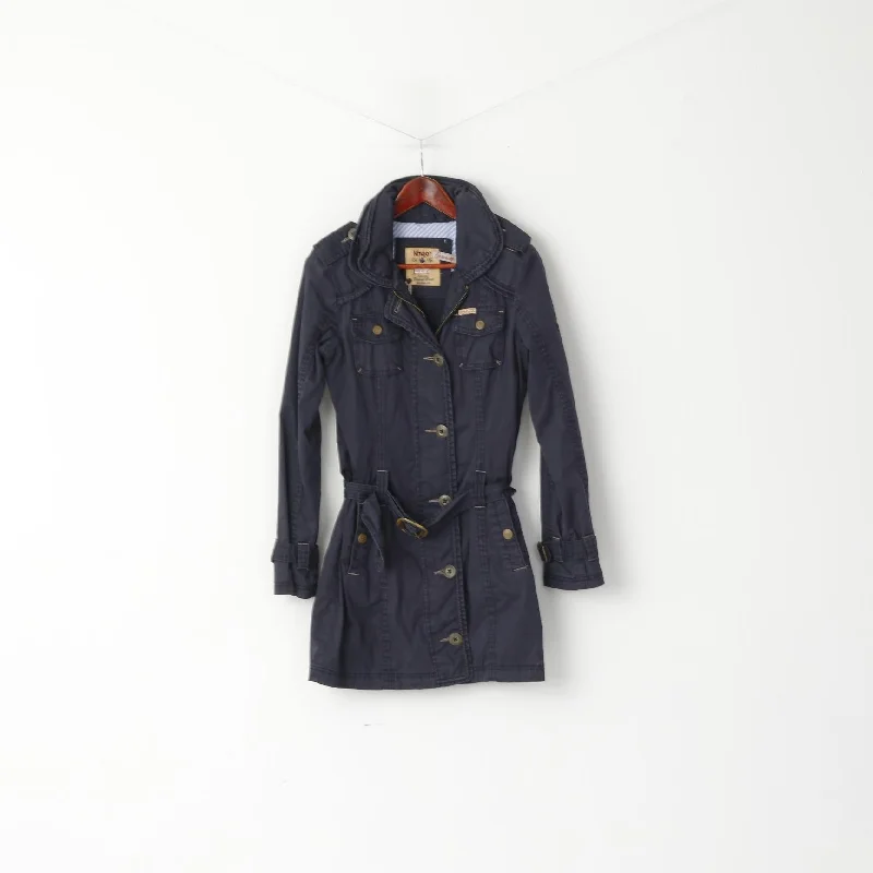 comfortable outerwearKhujo Women S Jacket Navy Cotton Belted Hidden Hood Casual Parka Top