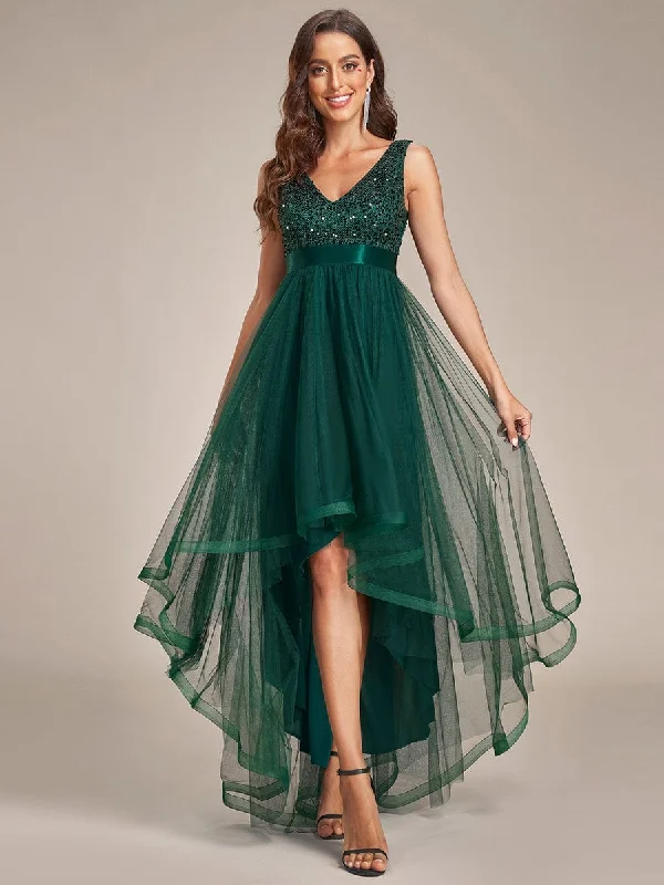 casual day dressAbia | Sequin Bodice Tulle High-Low Evening Dress with Ribbon Waist