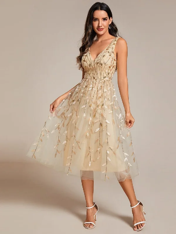 knit dressCoco | V-Neck Leaf Sequined Sleeveless A-Line Midi Wedding Guest Dress