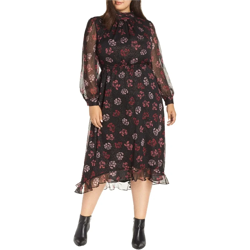 lace-up dressVince Camuto Womens Floral Glitter Midi Dress, Black, 1X