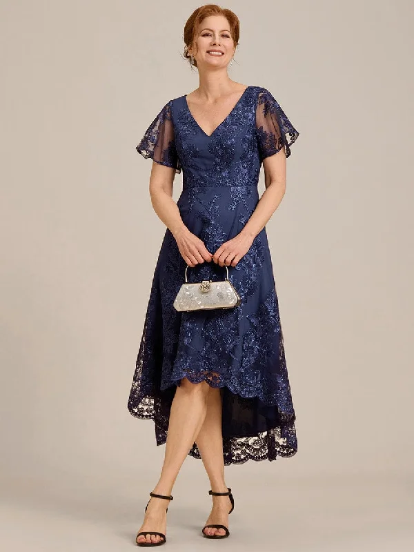 classic fit-and-flare dressBonnie | Embroidered Mesh Double V Neck Midi Mother of the Bride Dress