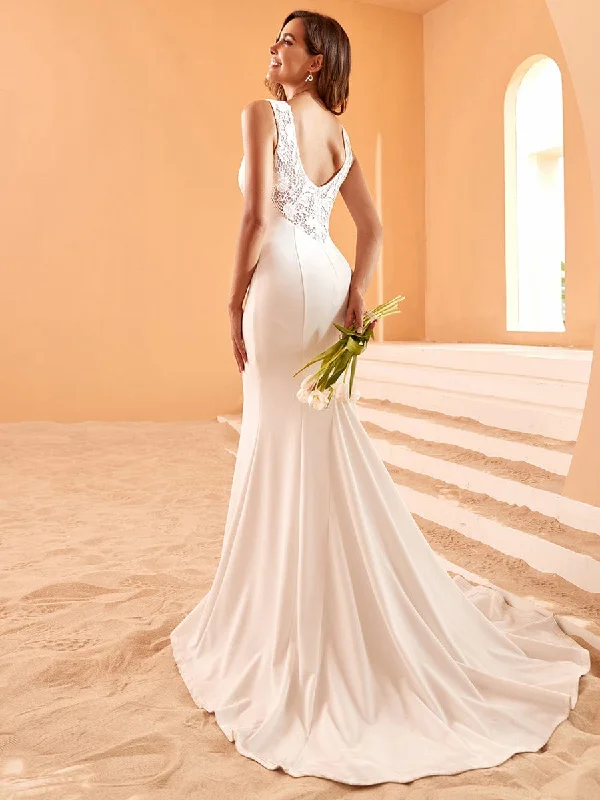 flowy dressEmbroidery Backless Mermaid Sleeveless Deep V-Neck Wedding Dress