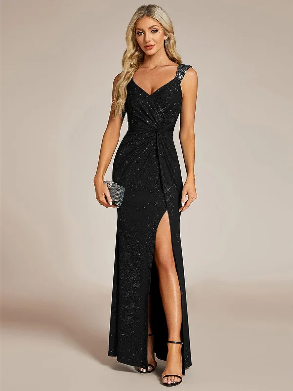 pleated maxi dressGlitter V-Neck High Slit Sequin Shoulder Strap Evening Dress