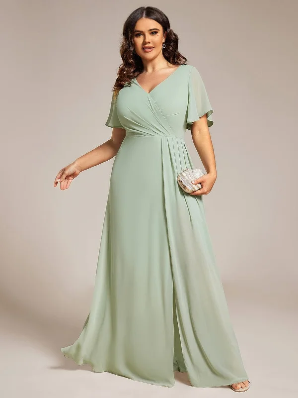 stylish dressAria | Plus Size High Slit V-Neck Empire Waist Chiffon Bridesmaid Dress