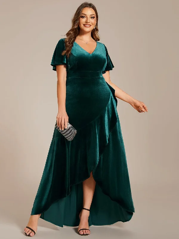 spaghetti strap dressPlus Size Lotus Leaf Hem A-Line V-Neck Ruffles Sleeve Velvet Evening Dress