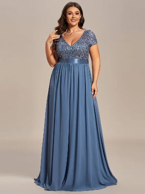 vintage-inspired dressGreta | Plus Size Empire Waist V-Neck Cap Sleeve Chiffon Formal Evening Dress