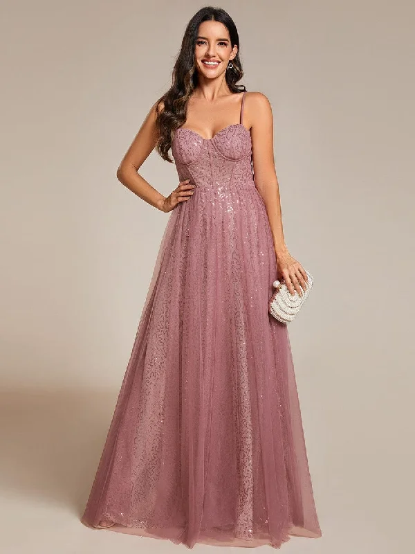 sleeveless dressSpaghetti Straps Illusion Sleeveless A-Line Sequin Evening Dress with Tulle Cover