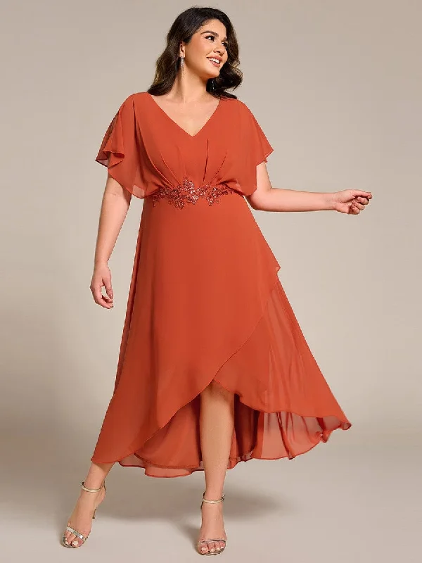 oversized dressPlus Size V-Neck Chiffon Bat-Wing Sleeve A-Line Waist Applique Formal Dress