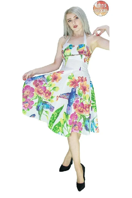 flowy evening dressExotic Birds and Flowers White Midi Dress - Ulani