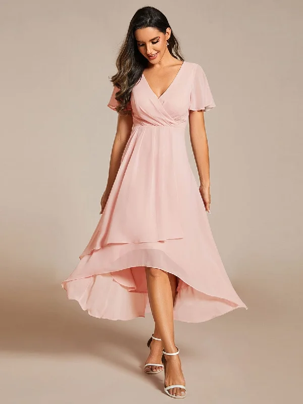 textured dressLana | Pleated Chiffon Ruffles Sleeve Midi Bridesmaid Dress