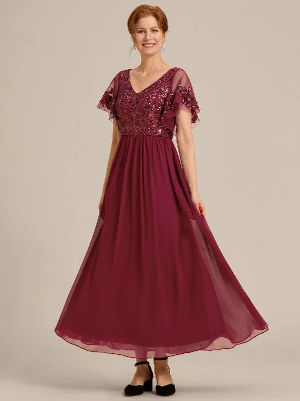 layered dressShort Sleeve V-Neck Sequin Chiffon A-Line Mother of the Bride Dress