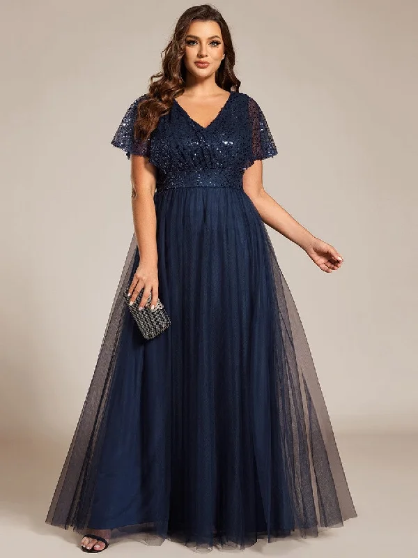 sleeveless dressFlora | Plus Size Short Sleeves Sequin V-Neck Formal Evening Dress with Tulle