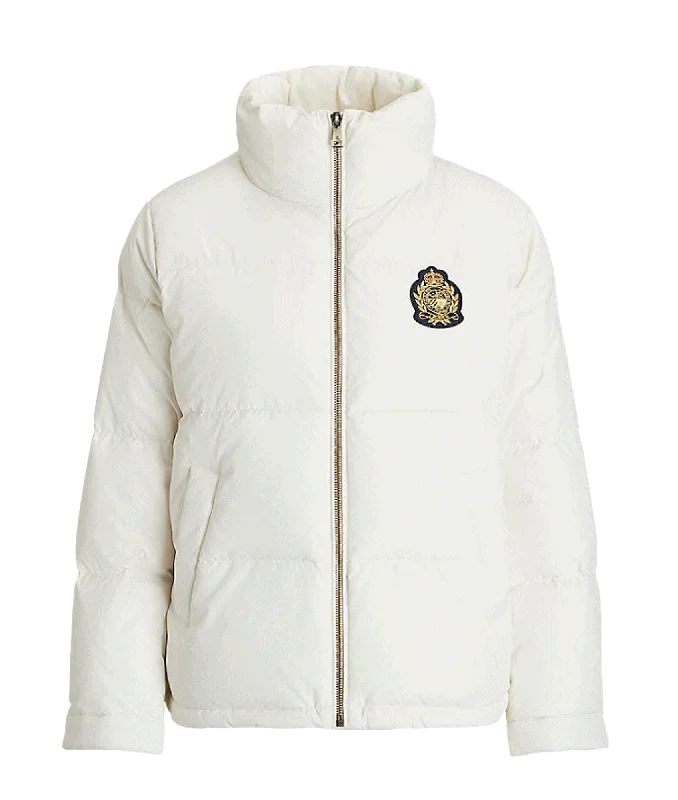 stylish peacoatCrest-patch Funnelneck Down Coat - Cream