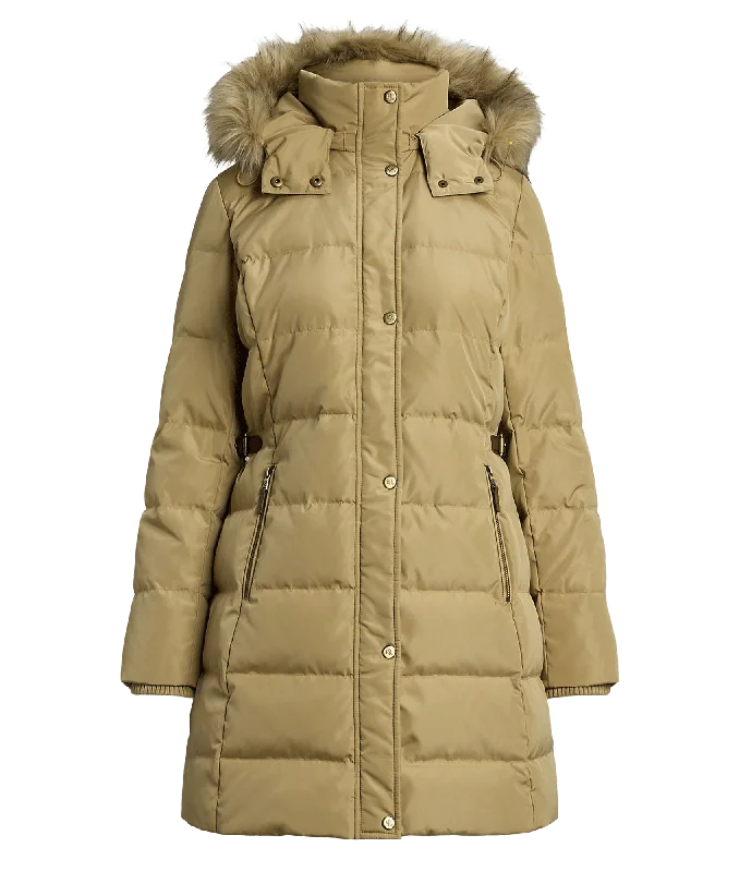 trendy puffer coatFaux-fur-trim Hooded Down Coat - Beige