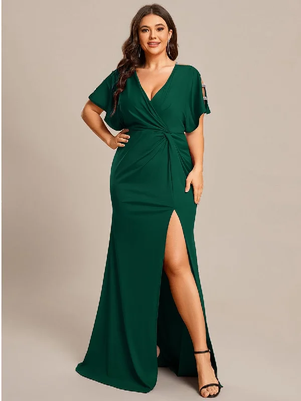 flowy dressZelda | Plus Size Sequin Sleeve High Slit Evening Dress with Pleated