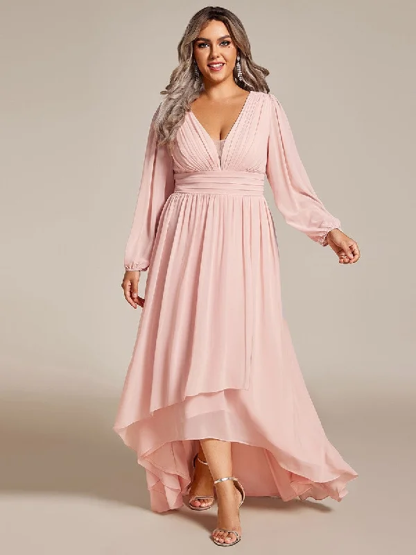 vintage dressPlus Size V-Neck Long Lantern Sleeves A-Line Chiffon Bridesmaid Dress