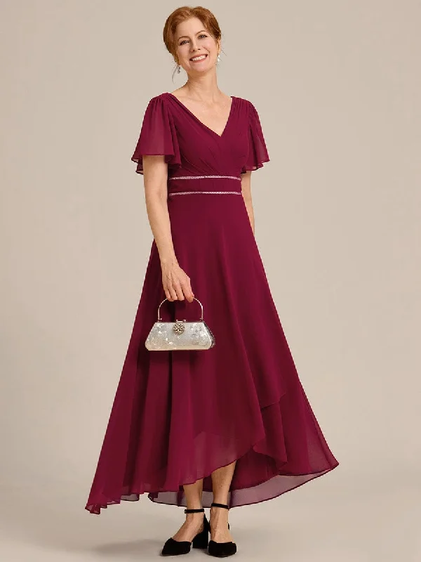 casual dressYolanda | Double V-Neck Waist Trimmed Chiffon Mother of the Bride Dress