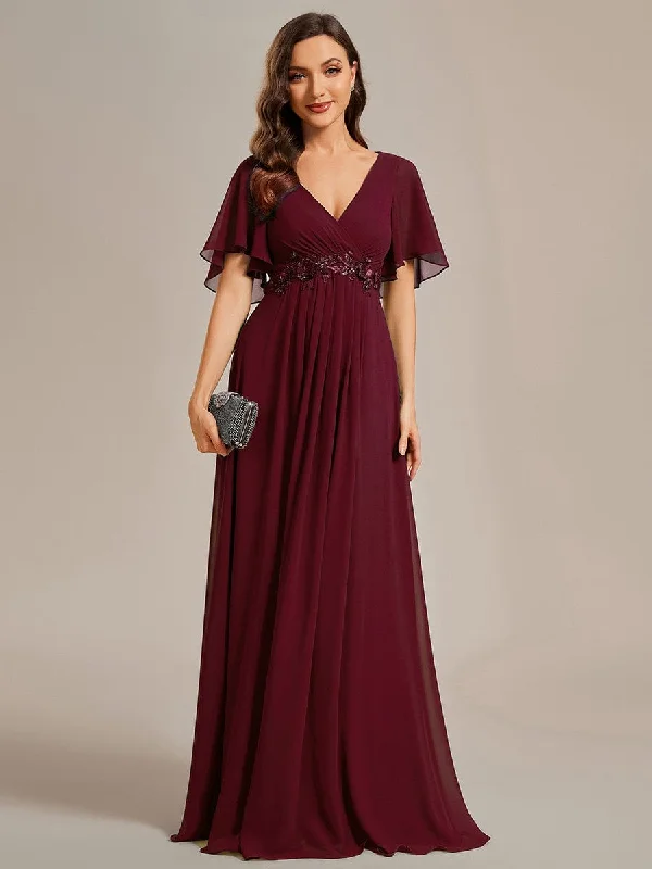 comfy maxi dressGentle Iris | Ruffles Sleeve A-Line Chiffon Waist Applique Maxi Formal Evening Dress