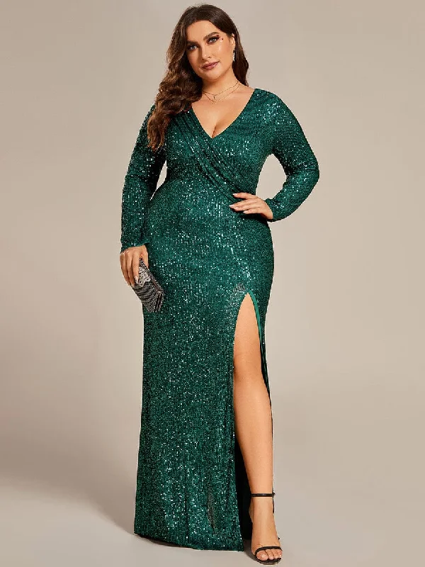 office dressPlus Size Dazzling Sequin V-Neck Long Sleeves Bodycon High Slit Evening Dress