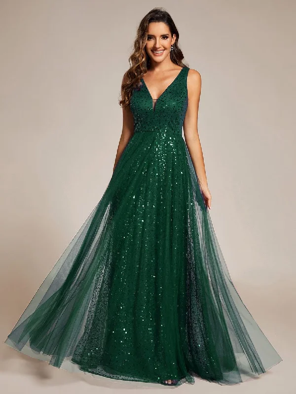 formal dressStella | V-Neck Sleeveless High-Waist See-Through Sequin Tulle Evening Dress