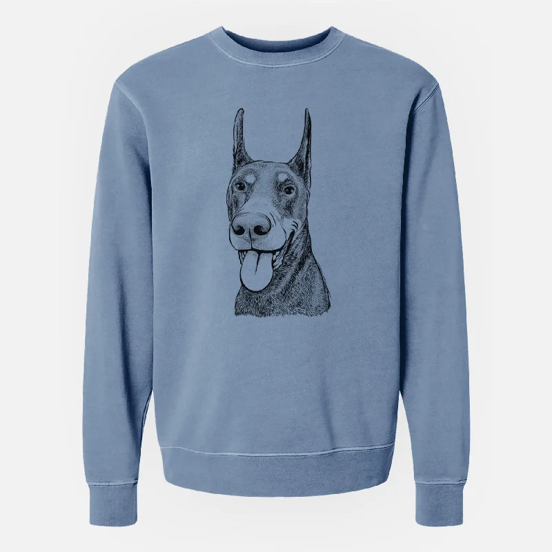 bold workout sweatshirtBare Happy Sunny the Doberman Pinscher - Unisex Pigment Dyed Crew Sweatshirt