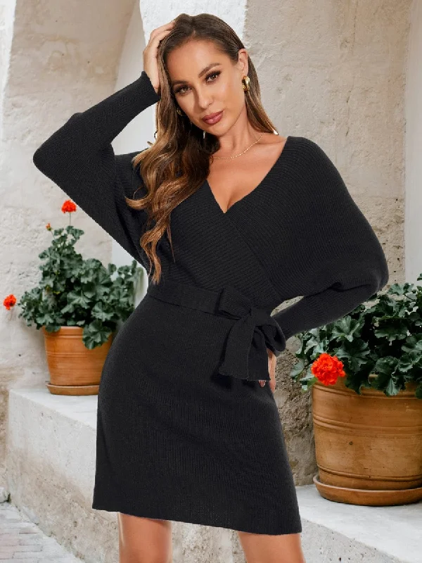 casual slip dressV-Neck Wrap Long Dolman Sleeve Knit Bodycon Sweater Dress