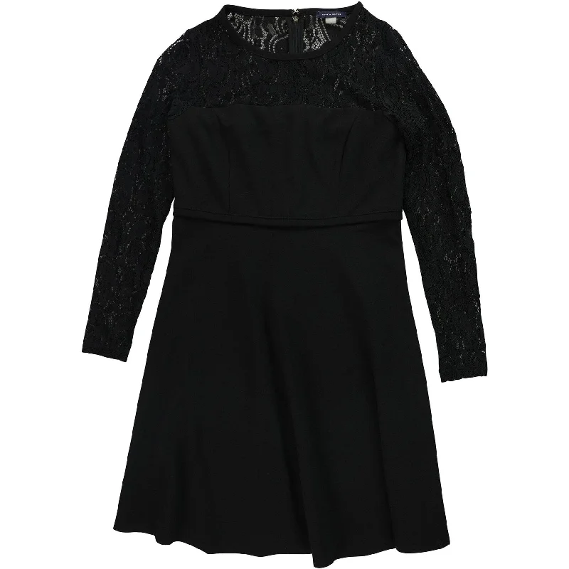 pleated dressTommy Hilfiger Womens Lace-Sleeve Fit Flare Cocktail Dress, Black, 8