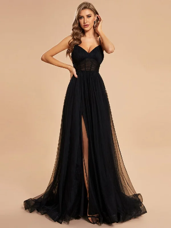 minimalistic dressCustom Size Illusion Spaghetti Strap High Slit Tulle Prom Dress with Train