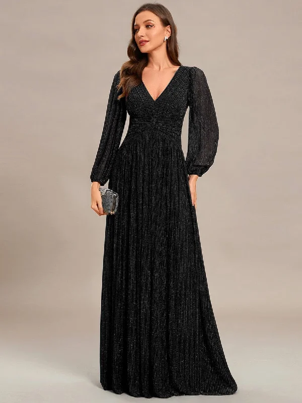 trendy bodycon dressGlittery Empire Waist Long Lantern Sleeves A-Line Evening Dress