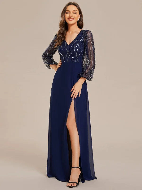 structured dressSequin See-through Long Sleeves High Slit Chiffon A-Line Evening Dress