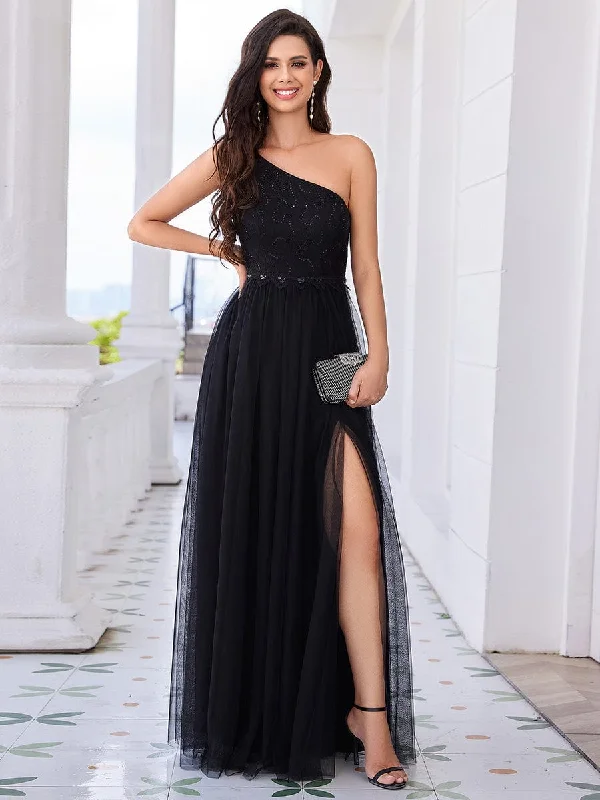 comfy maxi dressOne-Shoulder Embellished Tulle Formal Evening Dress